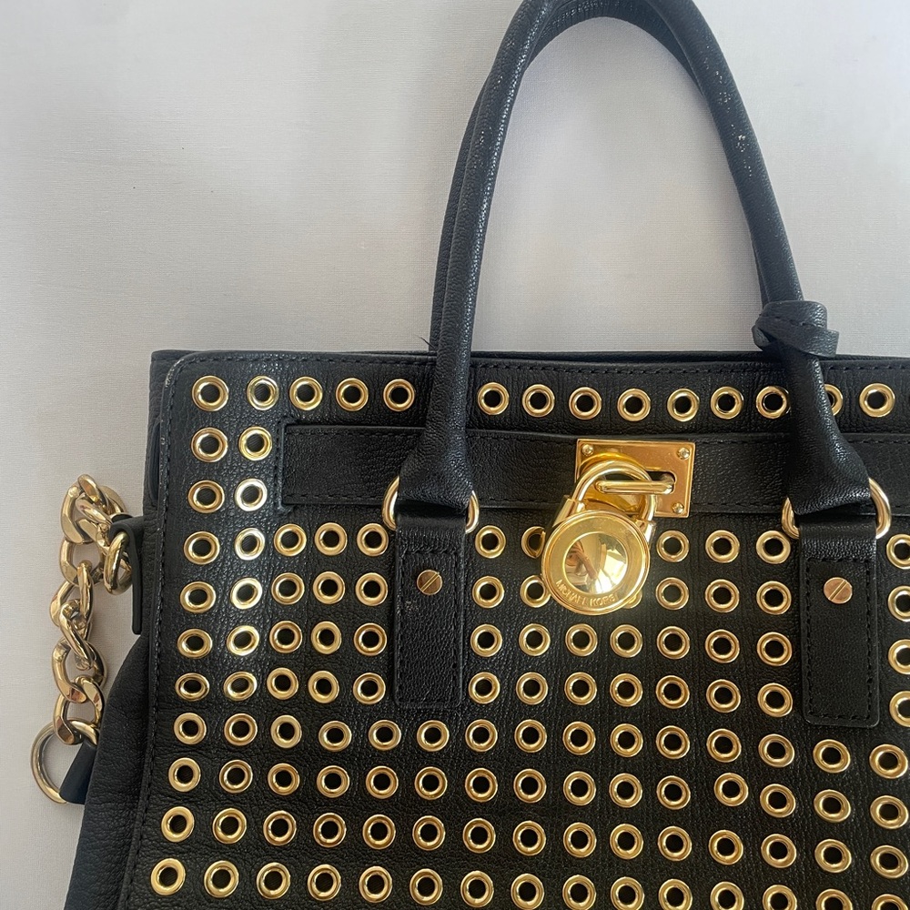 Michael Kors Hamilton Large Black Tote with Gold Accents and Chain - Picture 2 of 10